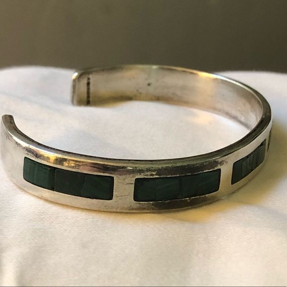 TAXCO Sterling Silver & Malachite Cuff Bangle Bracelet - Picture 4 of 10